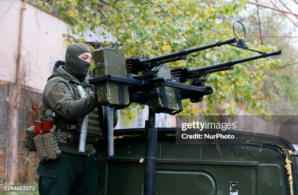 Ukrainian servicemen of National Guard operate with a homemade anti-aircraft machine gun to destroy drones presented in Mykolaiv, Ukraine 9 November...