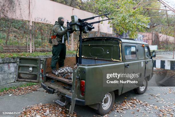 Ukrainian servicemen of National Guard operate with a homemade anti-aircraft machine gun to destroy drones presented in Mykolaiv, Ukraine 9 November...