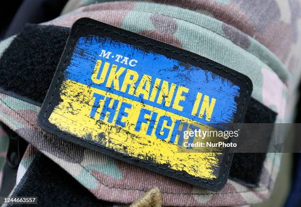 Chevron with Ukrainian flag is seen on an military uniform of Ukrainian serviceman of National Guard in Mykolaiv, Ukraine 9 November 2022. In...