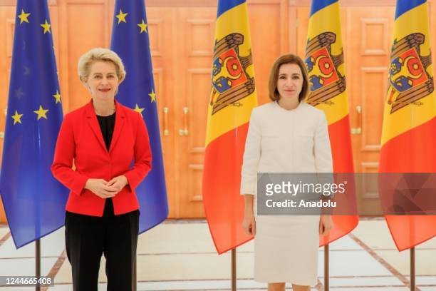 European Commission President Ursula von der Leyen and President of Moldova Maia Sandu hold a joint press conference following their meeting in...