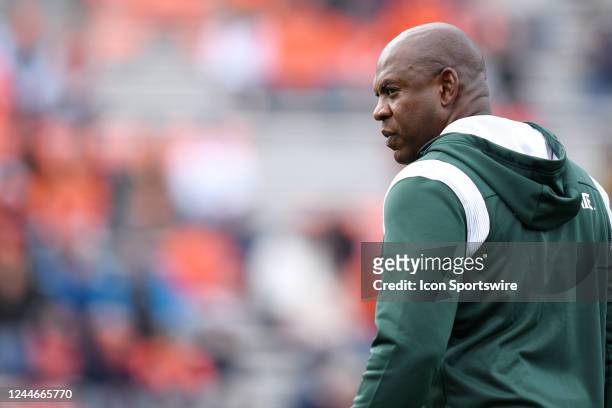 Michigan State Spartans head coach Mel Tucker looks on before the college football game between the Michigan State Spartans and the Illinois Fighting...