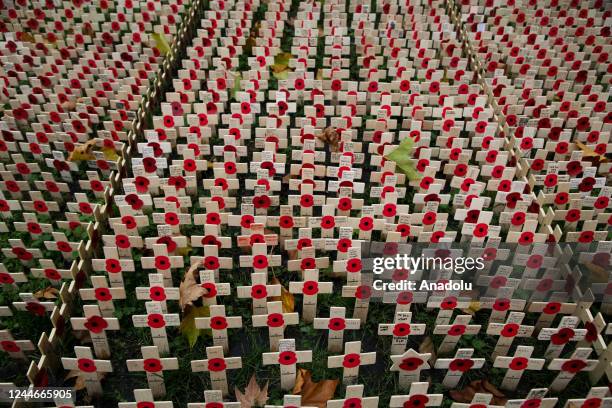 Thousands of Poppy crosses fill the Field of Remembrance at Westminster Abbey in London, Britain, on November 10, 2022 ahead of Armistice Day on...