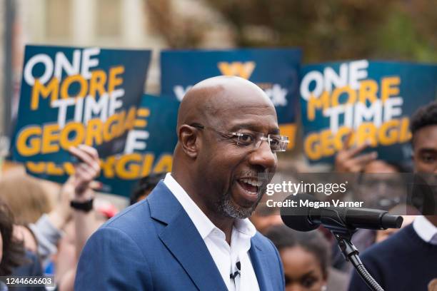 Sen. Raphael Warnock holds a press conference to discuss his runoff campaign on November 10, 2022 in Atlanta, Georgia. Warnock will face Republican...