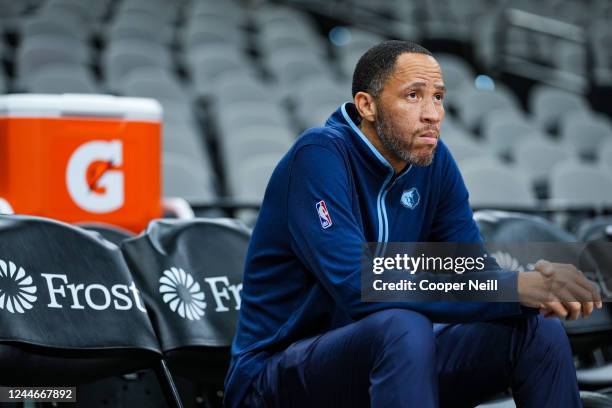 Tayshaun Prince of the Memphis Grizzlies coaches against the San Antonio Spurs on November 9, 2022 at the AT&T Center in San Antonio, Texas. NOTE TO...