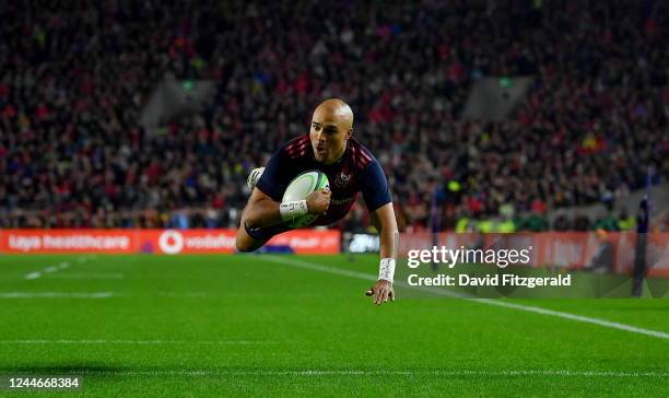 Cork , Ireland - 10 November 2022; Simon Zebo of Munster scores his side's second try during the match between Munster and South Africa Select XV at...