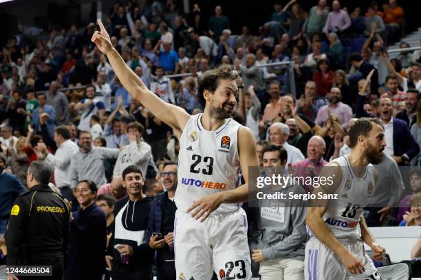 Sergio Llull, #23 of Real Madrid celebrates during the 2022/2023 Turkish Airlines EuroLeague Regular Season Round 7 match between Real Madrid and...