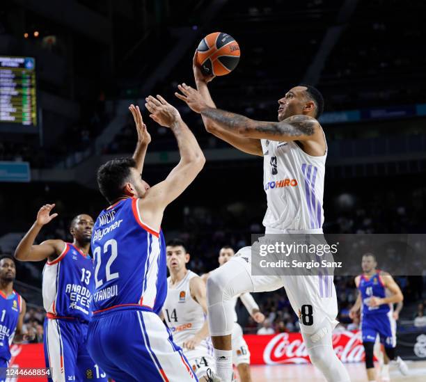 Adam Hanga, #8 of Real Madrid competes with Vasilije Micic, #22 of Anadolu Efes Istanbul during the 2022/2023 Turkish Airlines EuroLeague Regular...
