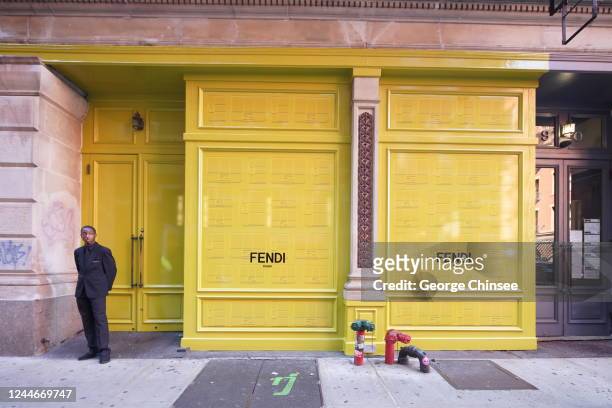 Exterior of Fendi's pop-up celebrating the baguette's 25th anniversary collection in SoHo, located at 90 Prince Street New York City.