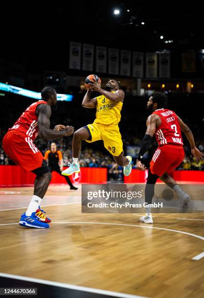 Othello Hunter of Bayern Munich Basketball, Jaleen Smith of Alba Berlin and Corey Walden of Bayern Munich Basketball during the game between ALBA...