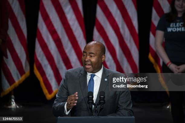 Jamie Harrison, chairman of the Democratic National Committee , speaks during a DNC rally at Howard Theatre in Washington, DC, US, on Thursday, Nov....