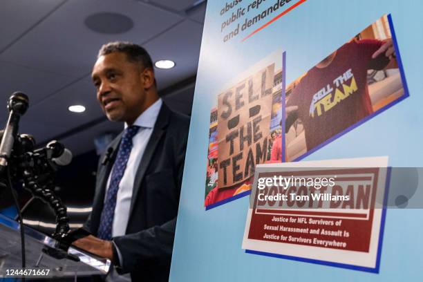 Attorney General Karl A. Racine conducts a news conference announcing lawsuits against the Washington Commanders, owner Daniel Snyder, the NFL and...