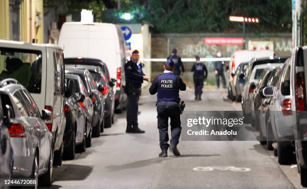 Police take security measures at crime scene where a policeman is killed as a result of knife attack at North Train Station in Brussels, Belgium on...