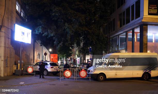 Police take security measures at crime scene where a policeman is killed as a result of knife attack at North Train Station in Brussels, Belgium on...