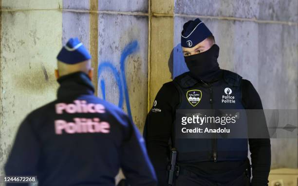 Police take security measures at crime scene where a policeman is killed as a result of knife attack at North Train Station in Brussels, Belgium on...