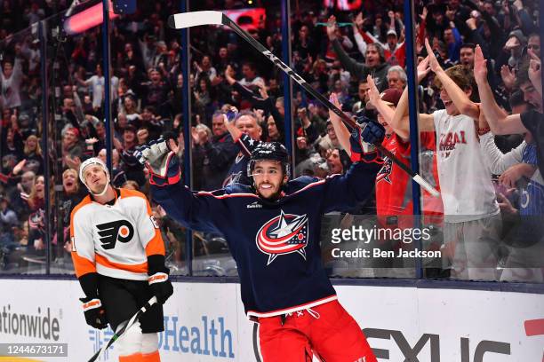 Johnny Gaudreau of the Columbus Blue Jackets celebrates after scoring a goal during the first period of a game against the Philadelphia Flyers at...