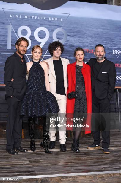 Andreas Pietschmann, Emily Beecham, Aneurin Barnard, Jantje Friese and Baran bo Odar attend the Netflix "1899" series premiere at Funkhaus on...