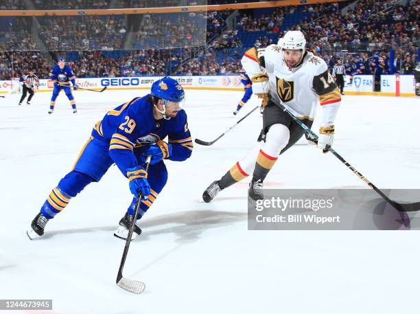 Vinnie Hinostroza of the Buffalo Sabres controls the puck against Nicolas Hague of the Vegas Golden Knights during an NHL game on November 10, 2022...