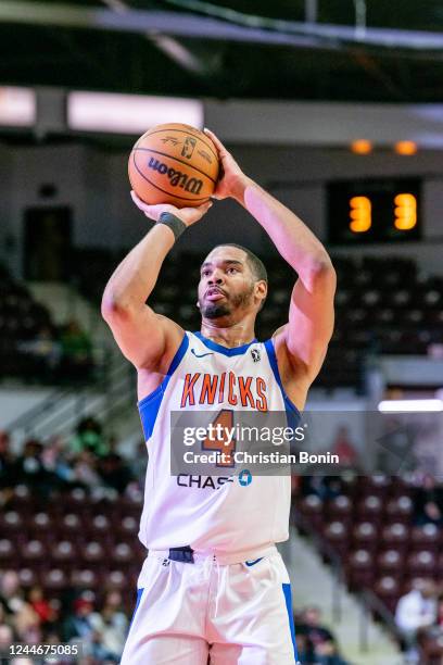 Garrison Brooks of the Westchester Knicks takes a free throw during an NBA G League game against the Raptors 905 at the Paramount Fine Foods Centre...