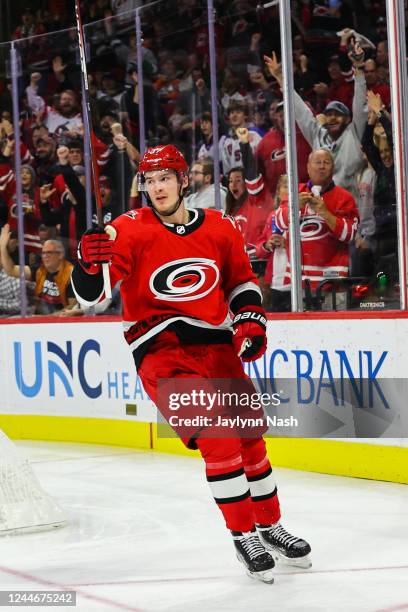 Andrei Svechnikov of the Carolina Hurricanes scores a goal and celebrates during the second period of an NHL game against the Edmonton Oilers at PNC...