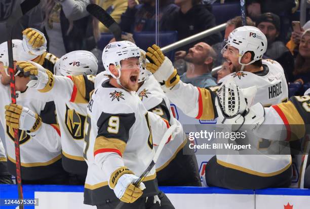 Jack Eichel of the Vegas Golden Knights celebrates his third period goal against the Buffalo Sabres during an NHL game on November 10, 2022 at...