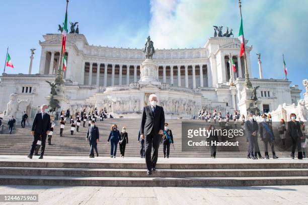 The President of the Italian Republic Sergio Mattarella lays a wreath on the Altare della Patria on Republic Day on June 02, 2020 in Rome, Italy.The...