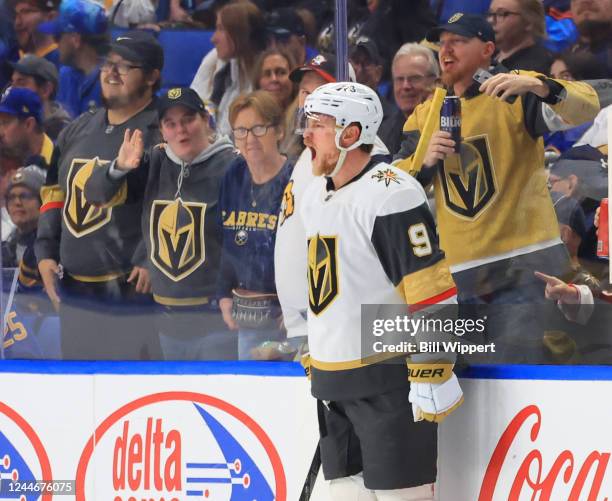 Jack Eichel of the Vegas Golden Knights celebrates his second goal of the game against the Buffalo Sabres during an NHL game on November 10, 2022 at...