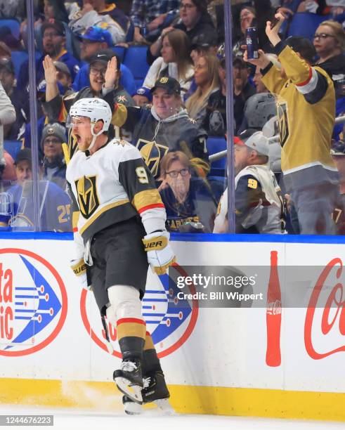 Jack Eichel of the Vegas Golden Knights celebrates his second goal of the game against the Buffalo Sabres during an NHL game on November 10, 2022 at...