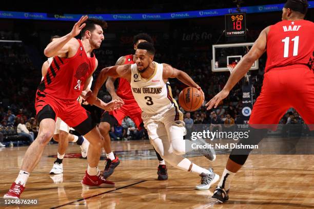 McCollum of the New Orleans Pelicans drives to the basket during the game against the Portland Trail Blazers on November 10, 2022 at the Smoothie...