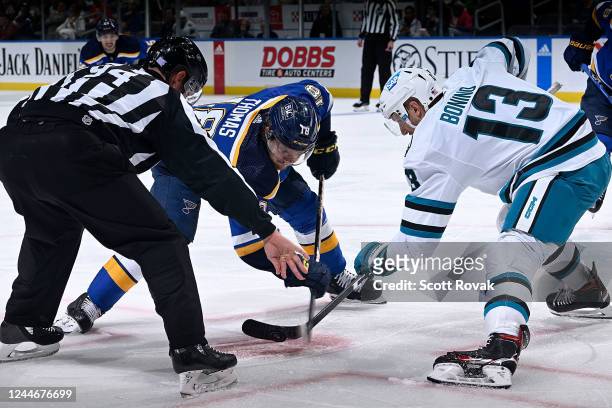 Robert Thomas of the St. Louis Blues and Nick Bonino of the San Jose Sharks face off at the Enterprise Center on November 10, 2022 in St. Louis,...