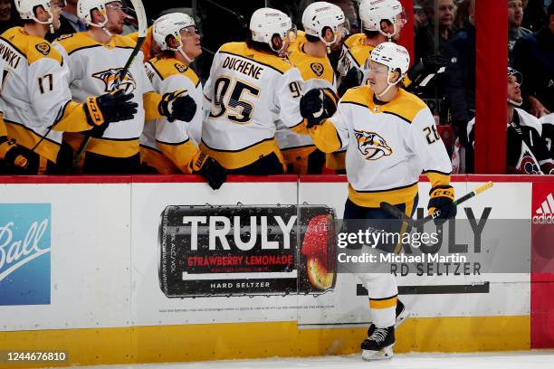 Eeli Tolvanen of the Nashville Predators celebrates a goal against the Colorado Avalanche at Ball Arena on November 10, 2022 in Denver, Colorado.