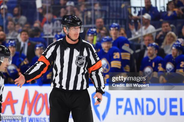 Referee Kevin Pollock skates during an NHL game between the Buffalo Sabres and the Vegas Golden Knights on November 10, 2022 at KeyBank Center in...