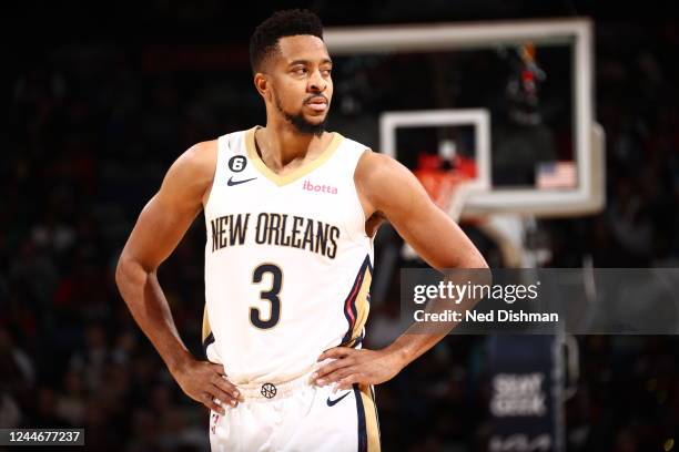 McCollum of the New Orleans Pelicans looks on during the game against the Portland Trail Blazers on November 10, 2022 at the Smoothie King Center in...