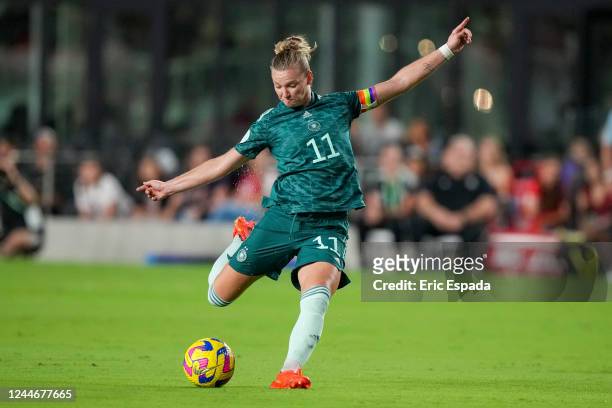 Alexandra Popp of Germany takes a shot on goal during the first half of the women's international friendly game against the United States at DRV PNK...