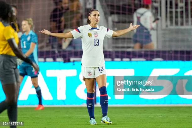 Alex Morgan of the United States reacts during the first half of the women's international friendly game against Germany at DRV PNK Stadium on...