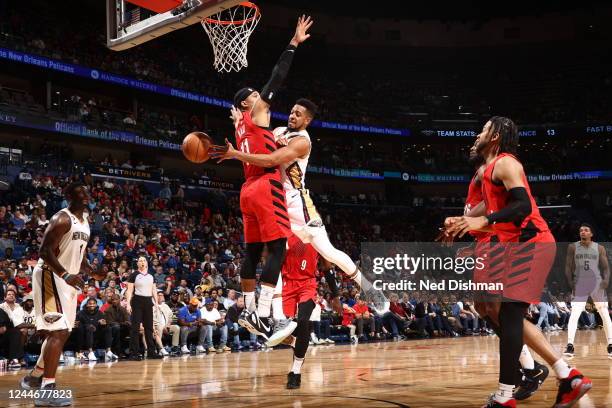 McCollum of the New Orleans Pelicans passes the ball during the game against the Portland Trail Blazers on November 10, 2022 at the Smoothie King...
