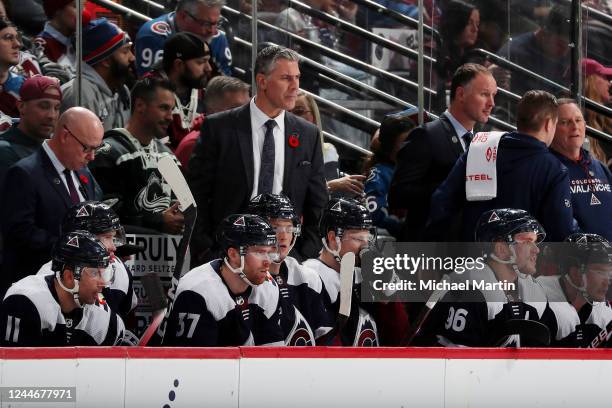 Head coach of the Colorado Avalanche, Jared Bednar, looks on during the first period against the Nashville Predators at Ball Arena on November 10,...