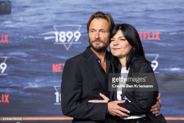 Jasmin Tabatabai and her partner Andreas Pietschmann attend the screening of the Netflix series "1899" at Funkhaus Berlin on November 10, 2022 in...