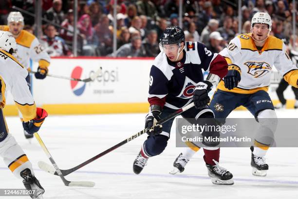 Evan Rodrigues of the Colorado Avalanche skates against the Nashville Predators at Ball Arena on November 10, 2022 in Denver, Colorado.