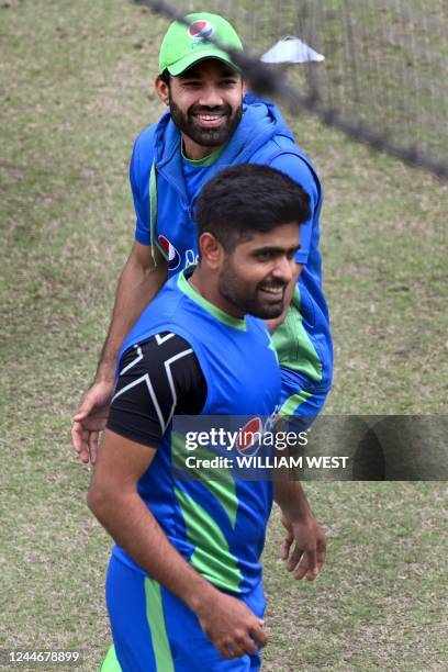 Pakistan cricket players Mohammad Rizwan and Babar Azam attend a training session in Melbourne on November 11 ahead of their ICC men's Twenty20 World...