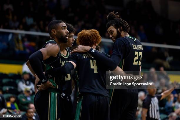 The Cal Poly Mustangs huddle during the college mens basketball game between the Cal Poly Mustangs and the San Francisco Dons on November 10, 2022 at...