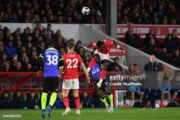 Surge Aurier of Nottingham Forest wins the ball during the Carabao Cup Third Round match between Nottingham Forest and Tottenham Hotspur at the City...