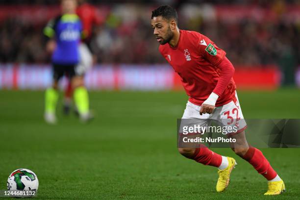 Renan Lodi of Nottingham Forest in action during the Carabao Cup Third Round match between Nottingham Forest and Tottenham Hotspur at the City...