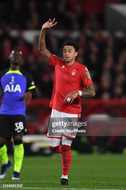 Jesse Lingard of Nottingham Forest gestures during the Carabao Cup Third Round match between Nottingham Forest and Tottenham Hotspur at the City...