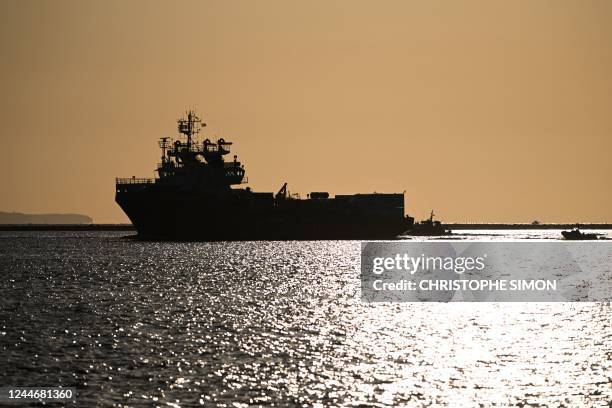 The Ocean viking " rescue ship of European maritime-humanitarian organisation "SOS Mediterranee" escorted by a military boat arrives at Toulon,...