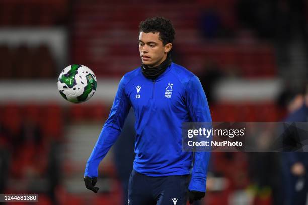 Brennan Johnson of Nottingham Forest warms up ahead of kick-off during the Carabao Cup Third Round match between Nottingham Forest and Tottenham...