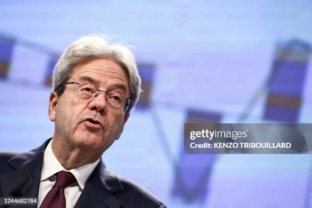 European Commissioner for the Economy Paolo Gentiloni addresses media representatives as he gives a press conference on Autumn 2022 Economic Forecast...