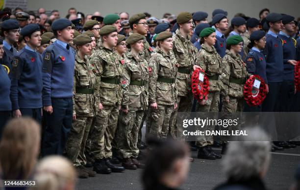 Air and Army Cadets observe a minutes' silence at the Cenotaph war memorial on Whitehall in central London, on November 11, 2022. - Armistice Day,...