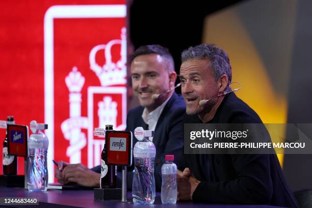 Spain's coach Luis Enrique speaks during the unveiling of the official list of Spain's players for the football 2022 World Cup in Qatar at the Las...