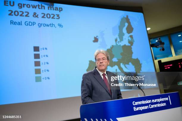 European Union Commissioner for Economy Paolo Gentiloni Silveri talks to media in the berlaymont, the EU Commission headquarter on November 11, 2022...