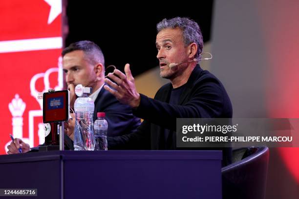 Spain's coach Luis Enrique gestures during a press conference for the unveiling of the official list of Spain's players for the football 2022 World...